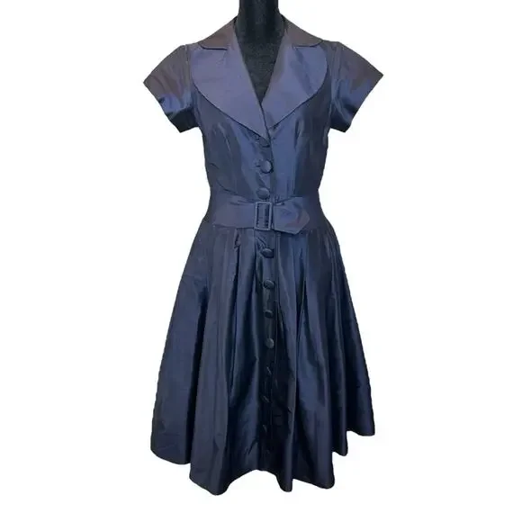 Teri Jon Navy Blue Structured Belted Silk Dress Rockabilly Wedding Guest Size 4 - Picture 12 of 12